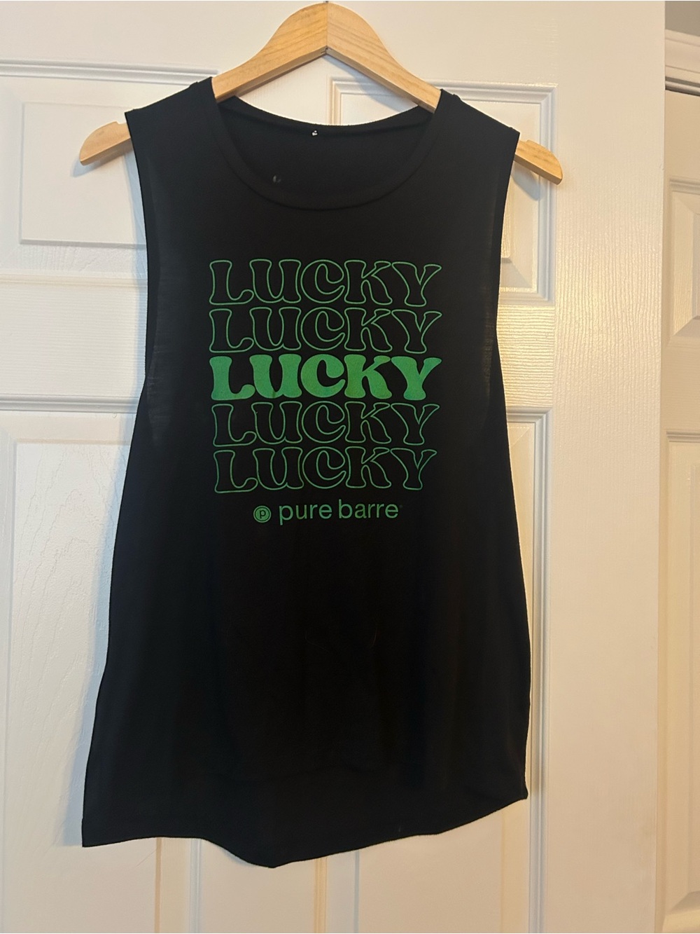Pure Barre Black Tank with Green 'LUCKY' Stack Print - Picture 1 of 1